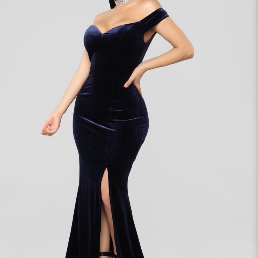 Velvet Navy blue off the shoulders gown